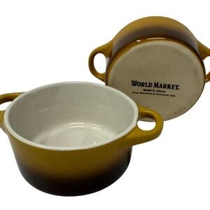 World Market Mini Cocottes (2) Yellow Stoneware Baking Dish Oven Microwave Safe